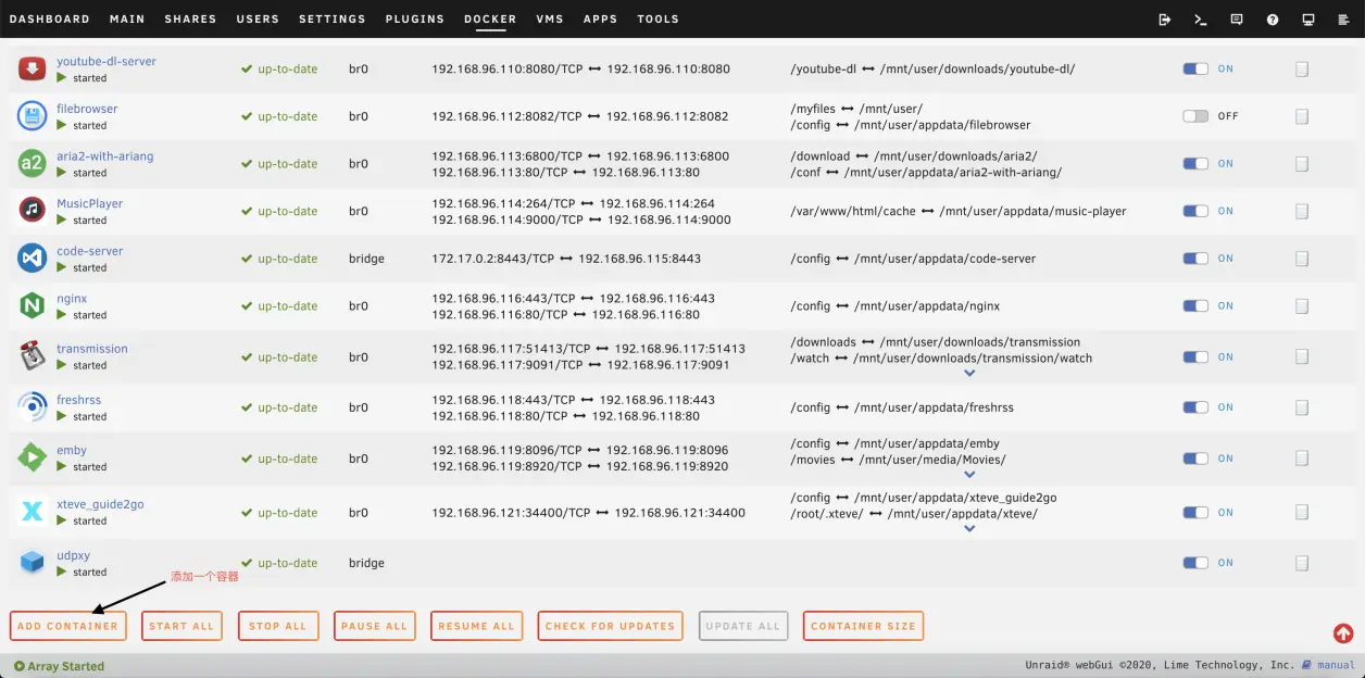 unraid-docker-add-container.png进入 Unraid 的 Docker 页面，点击 Add Container，新建一个容器。650